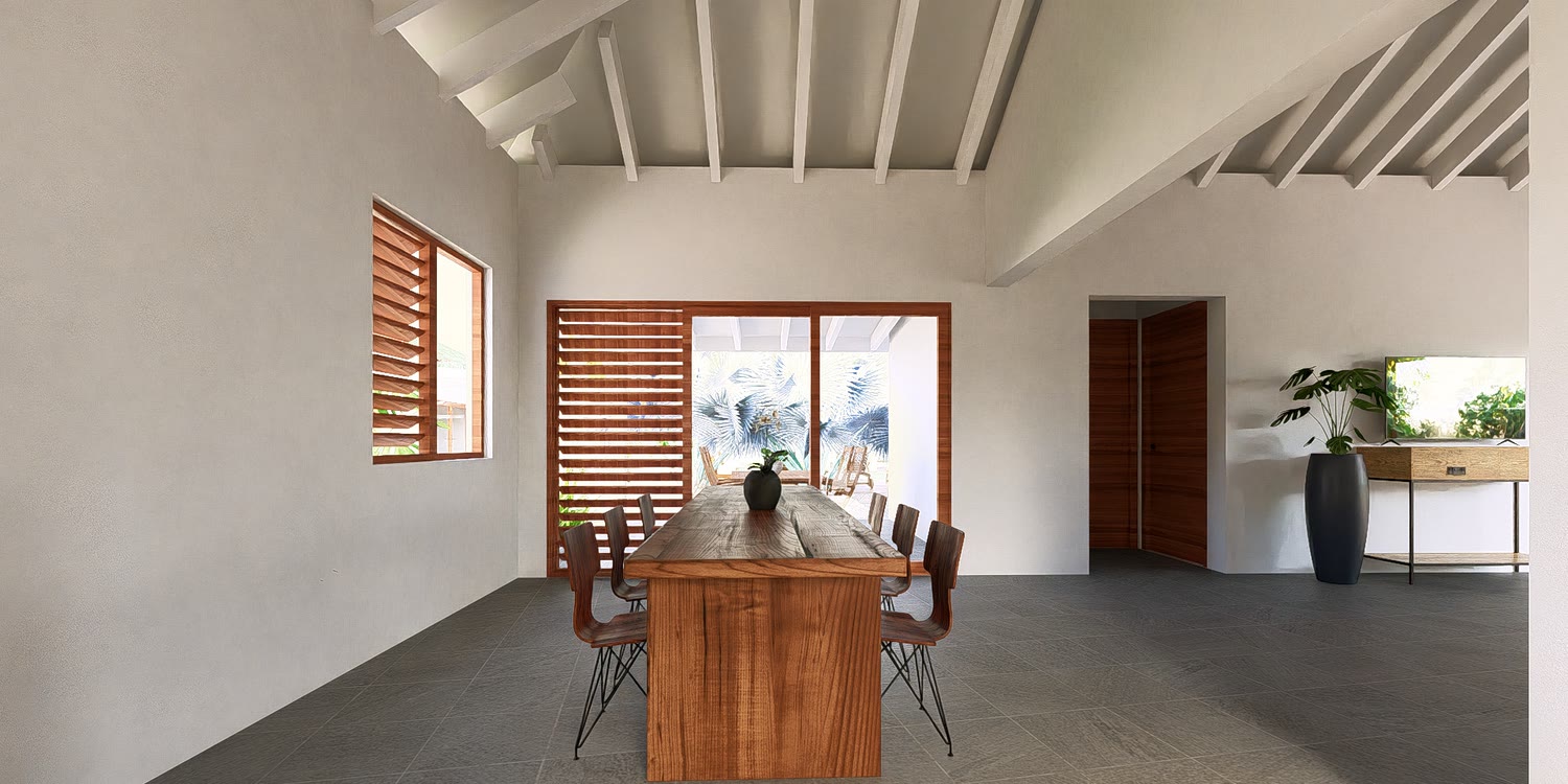 Open kitchen with island and dining table