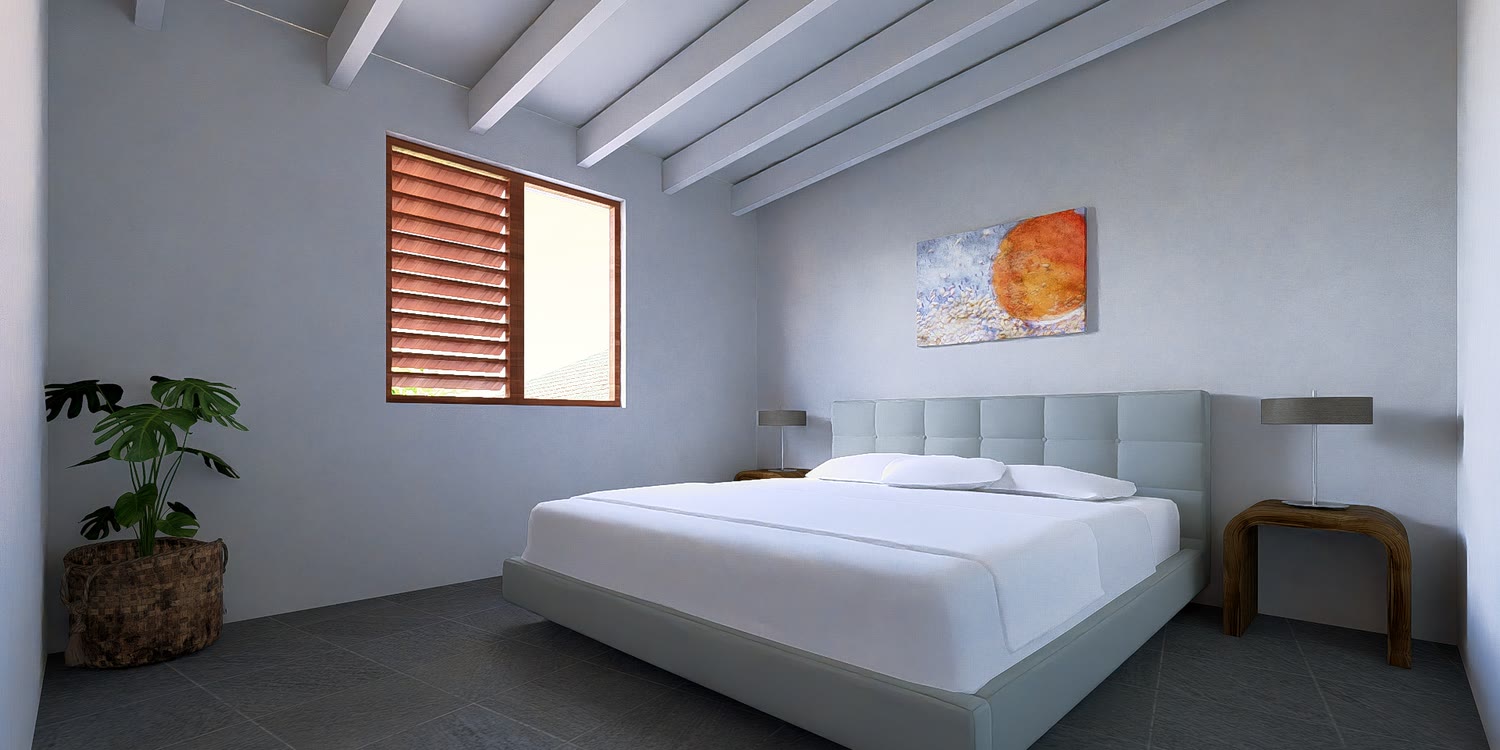 Bedroom with upholstered headboard and louvred window
