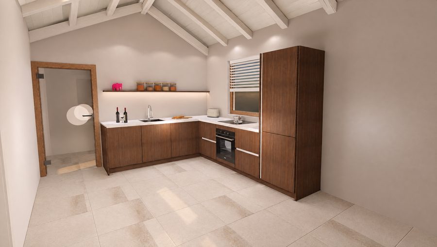 L-shaped kitchen in walnut with a white stone worktop under an open beamed ceiling