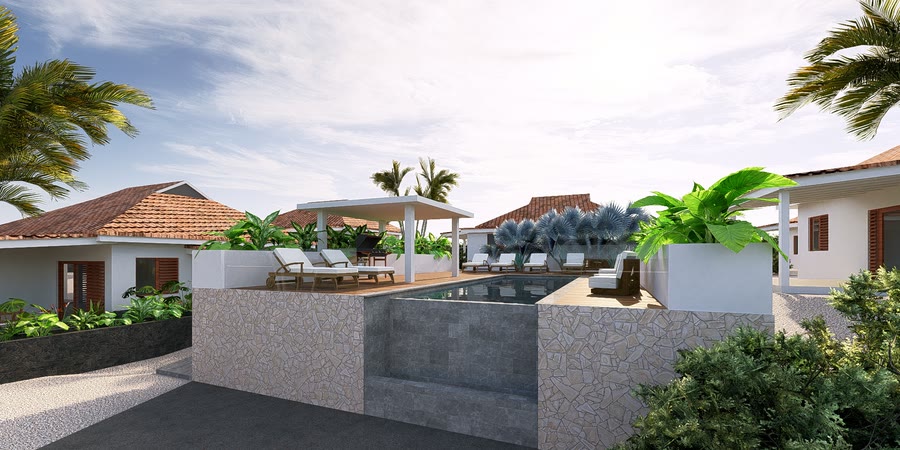 Shared pool seen from between the villas