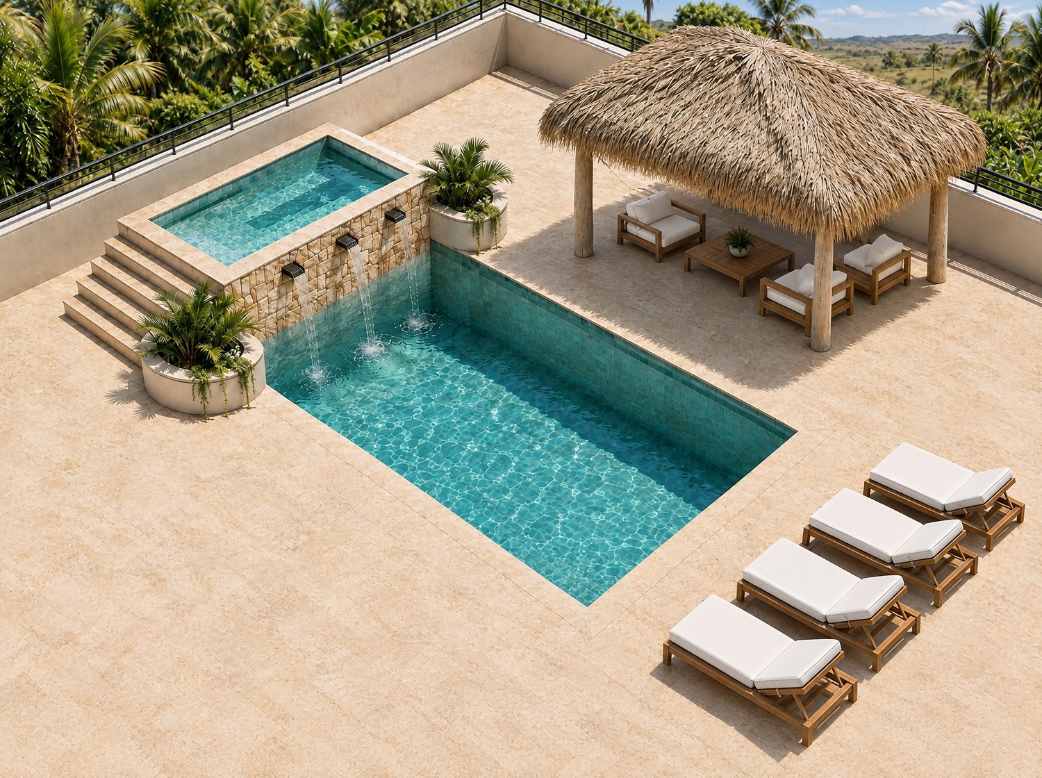 Aerial view of the shared pool with a raised spa, waterfalls, sun loungers and a palapa with lounge seating
