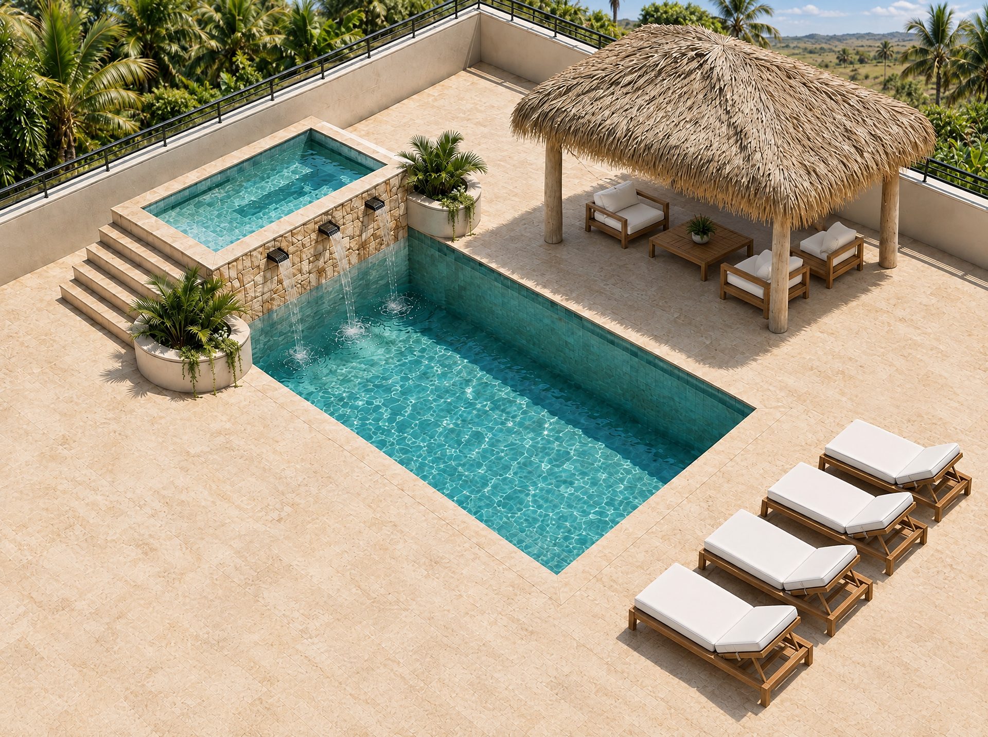 The shared pool at Cas Abou Resort from above: pool with waterfall spa, sun loungers and a thatched palapa