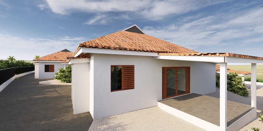 Villa seen from the drive, clay tile roof